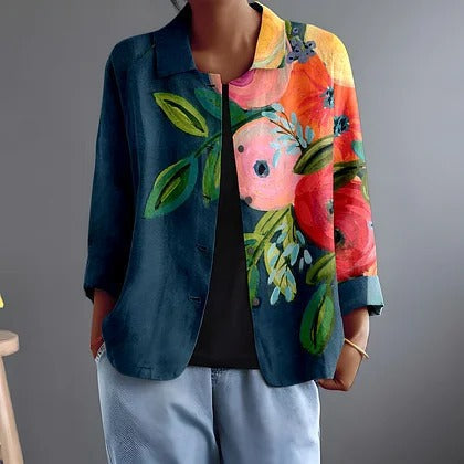 Floral Print Collared Long Sleeve Open Front Shirt Jacket