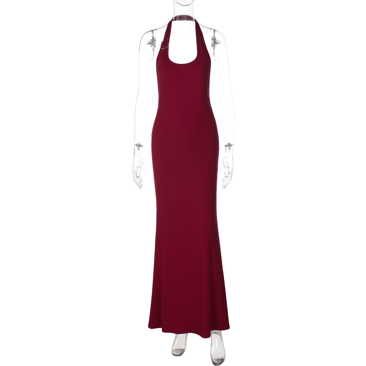 Ribbed Knit Halter Neck Backless Fishtail Bodycon Maxi Dress 2