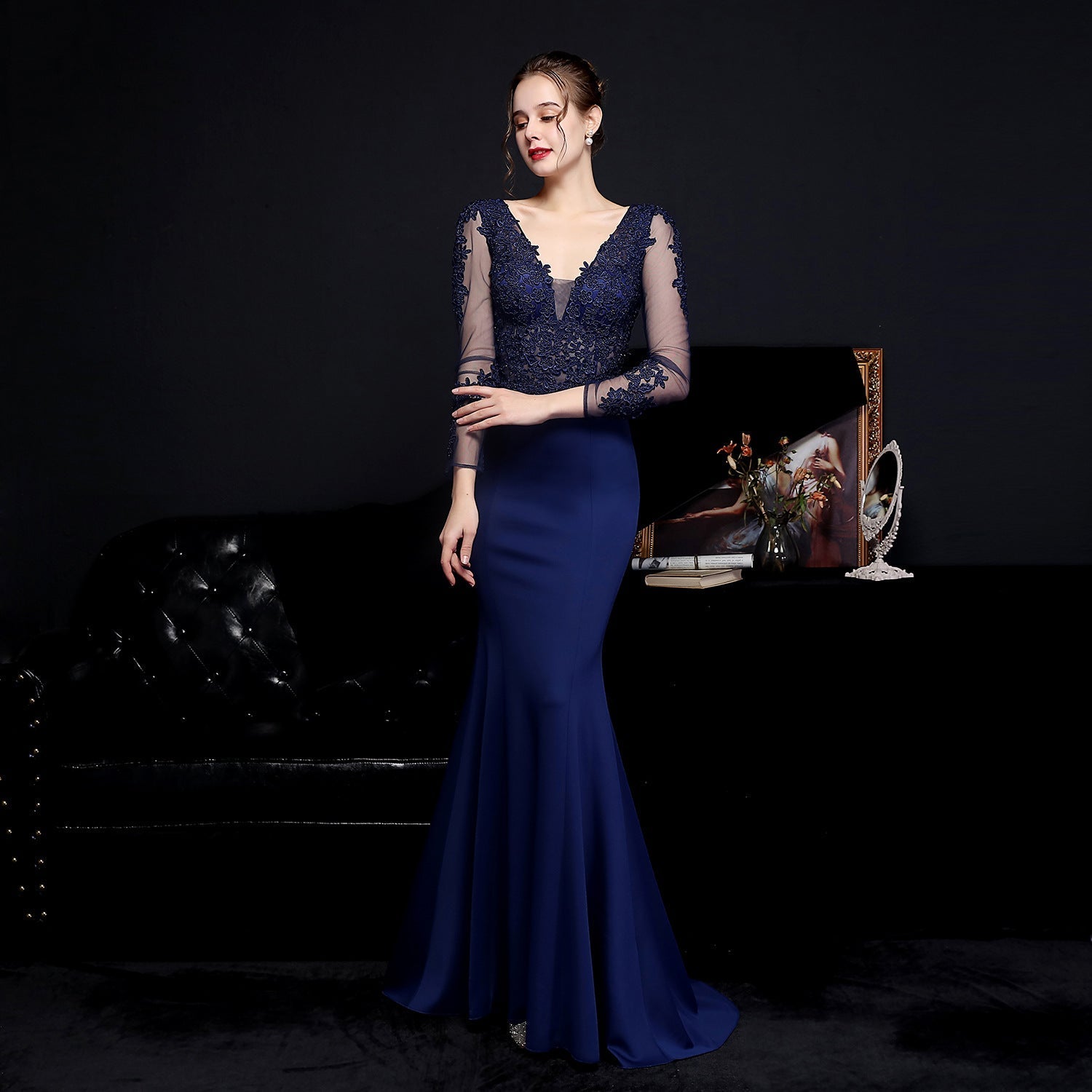 Lace V-Neck Long Sleeve Beaded Mermaid Maxi Gown