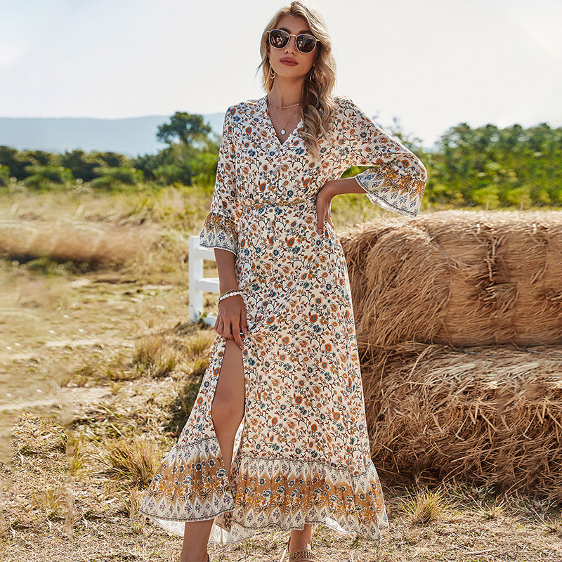 Floral Print V-Neck Bell Sleeve Front Slit Boho Maxi Dress