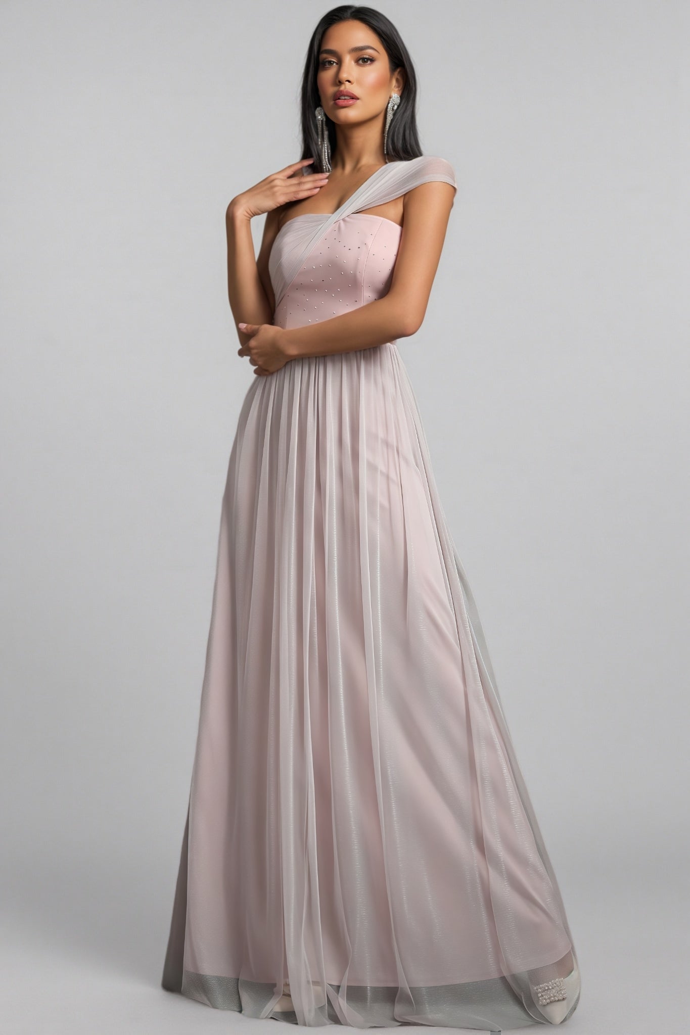 Ayven Pink One-Shoulder Mesh Maxi Dress