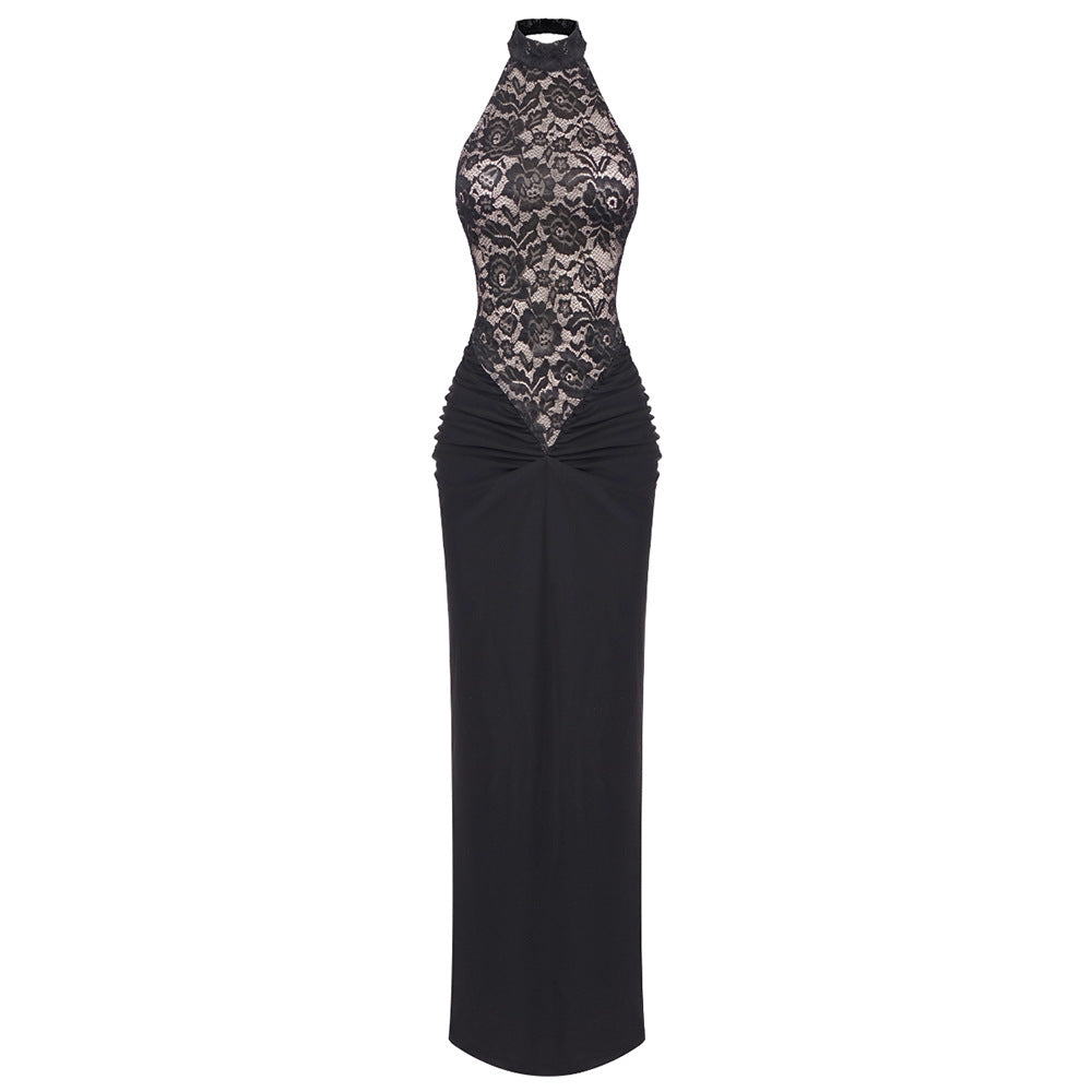Sheer Cutout Lace Breathable Backless Sleeveless Black Slim Dress - View 5