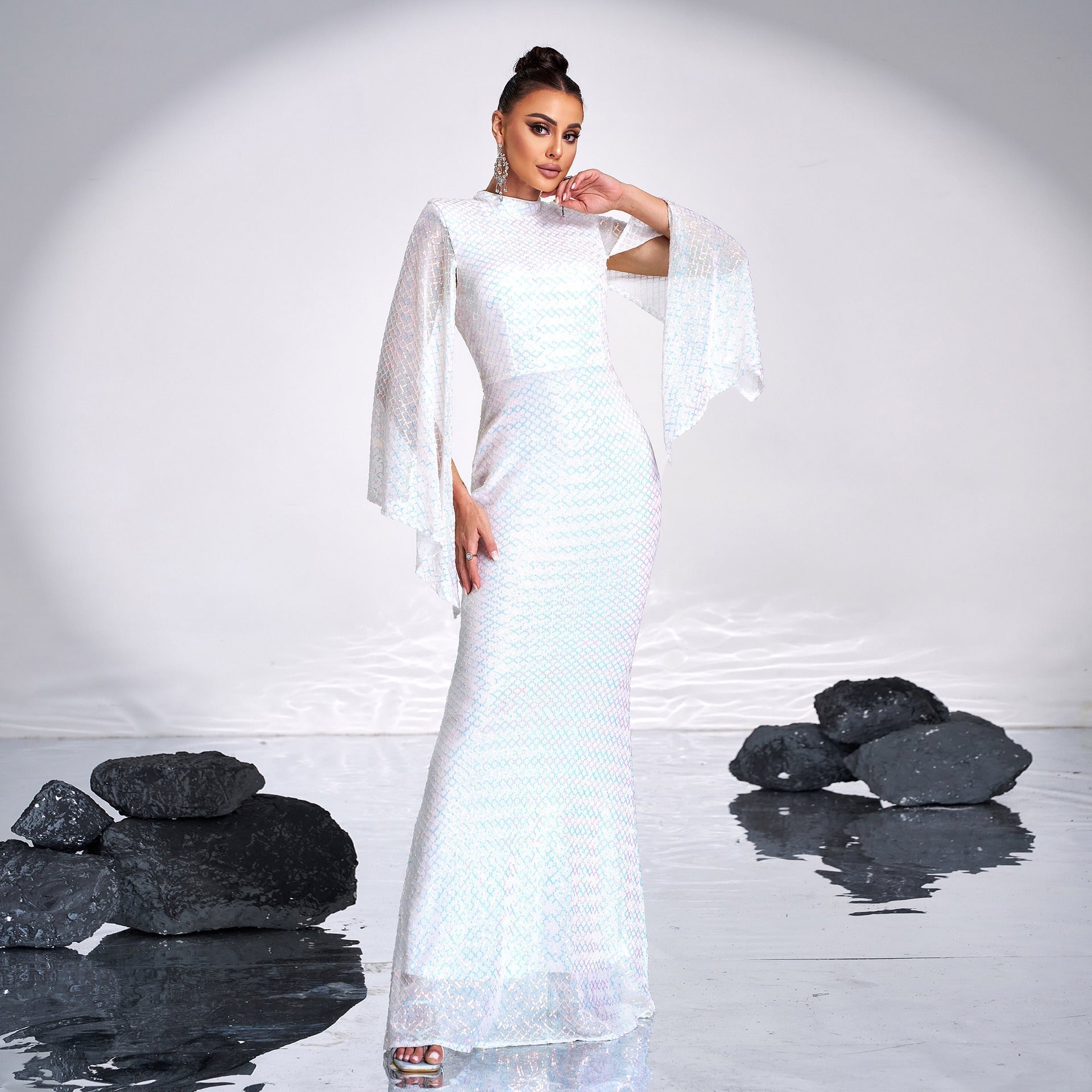 Sequin High Neck Cape Sleeve Mermaid Gown