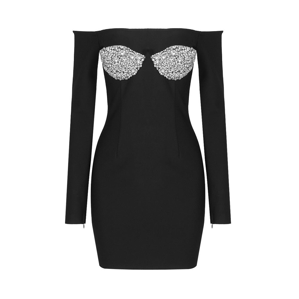 Bandage Off Shoulder Long Sleeve Rhinestone Bodycon Mini Dress