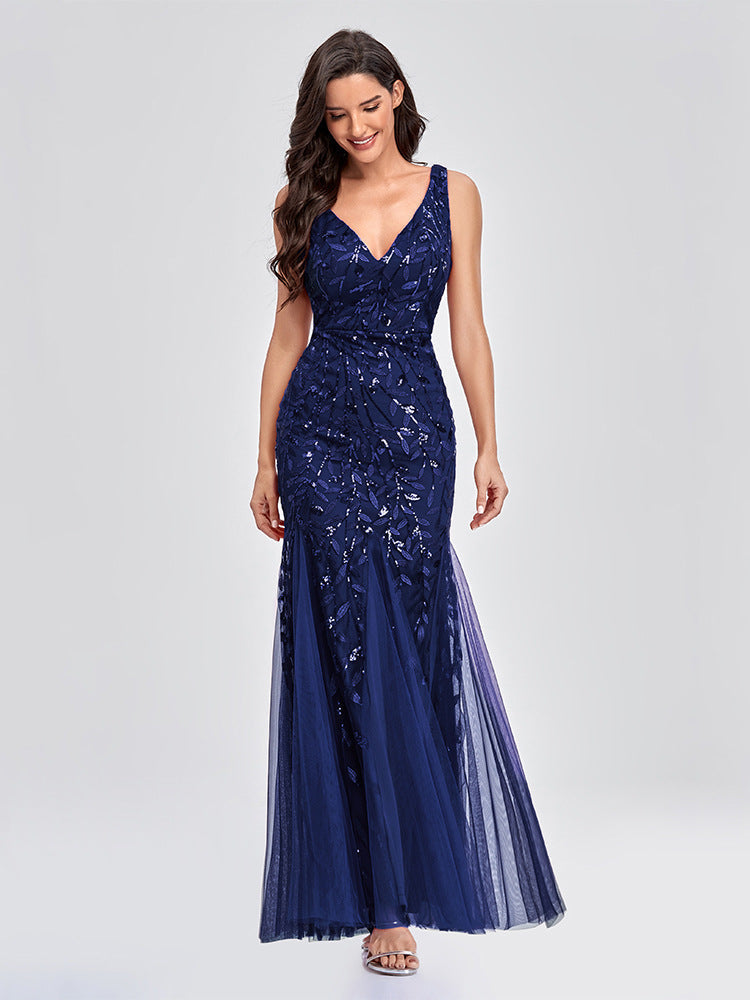 Sequin Embroidered V-Neck Sleeveless Tulle Mermaid Gown