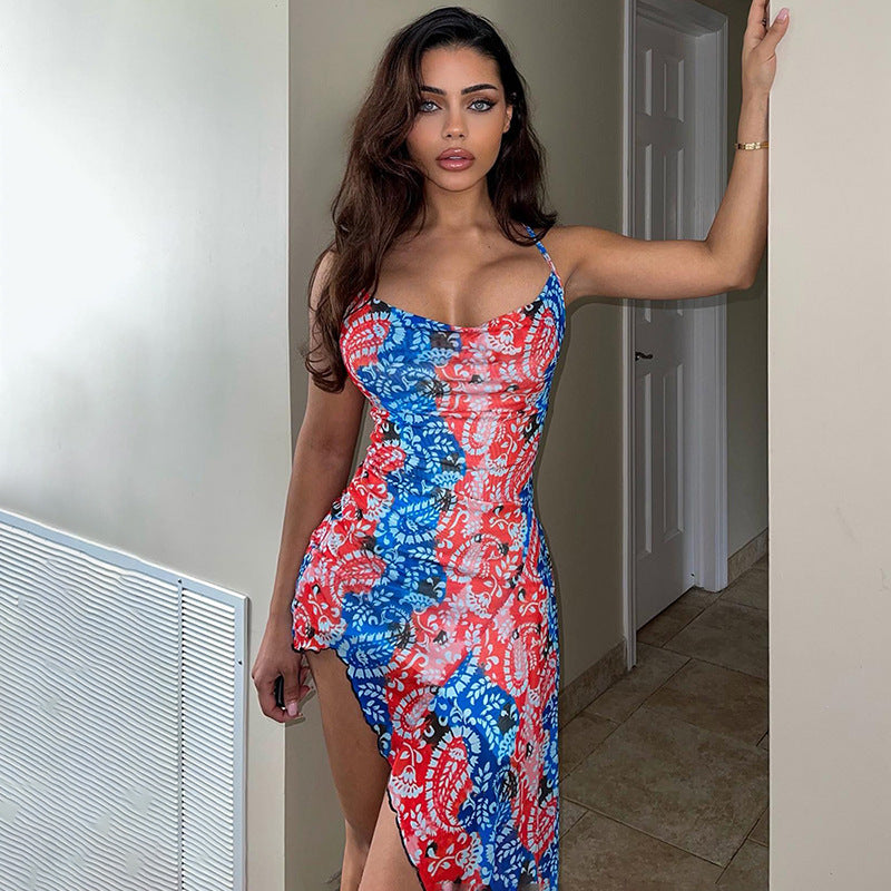 Elena Exclusive Women's Asymmetrical Summer Dress with Floral Pattern and Spaghetti Straps Boutique Collection