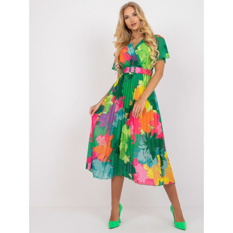 V-Neck Short Sleeve Floral Pleated Belted Midi Dress