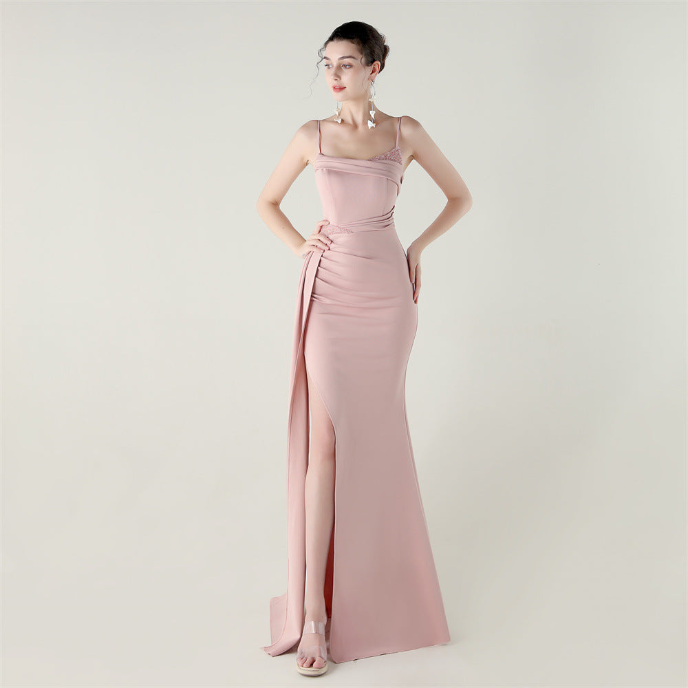 Bandeau Sling Satin Beaded Fishtail Evening Dress Dinner Wedding Dignified Sexy Elegant Dress - FashionAxe