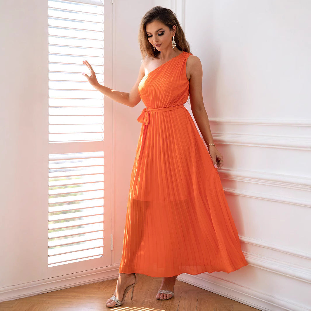 Pleated Chiffon One Shoulder Sleeveless Belted A-Line Maxi Dress