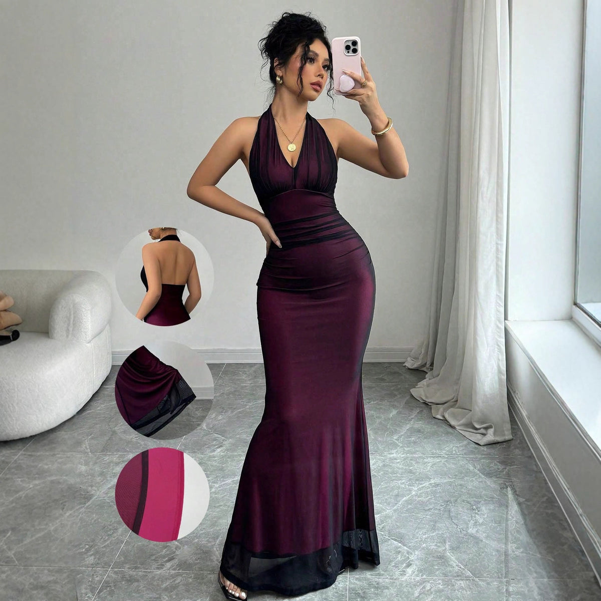 Mesh Halter Neck Ruched Backless Mermaid Maxi Gown 2