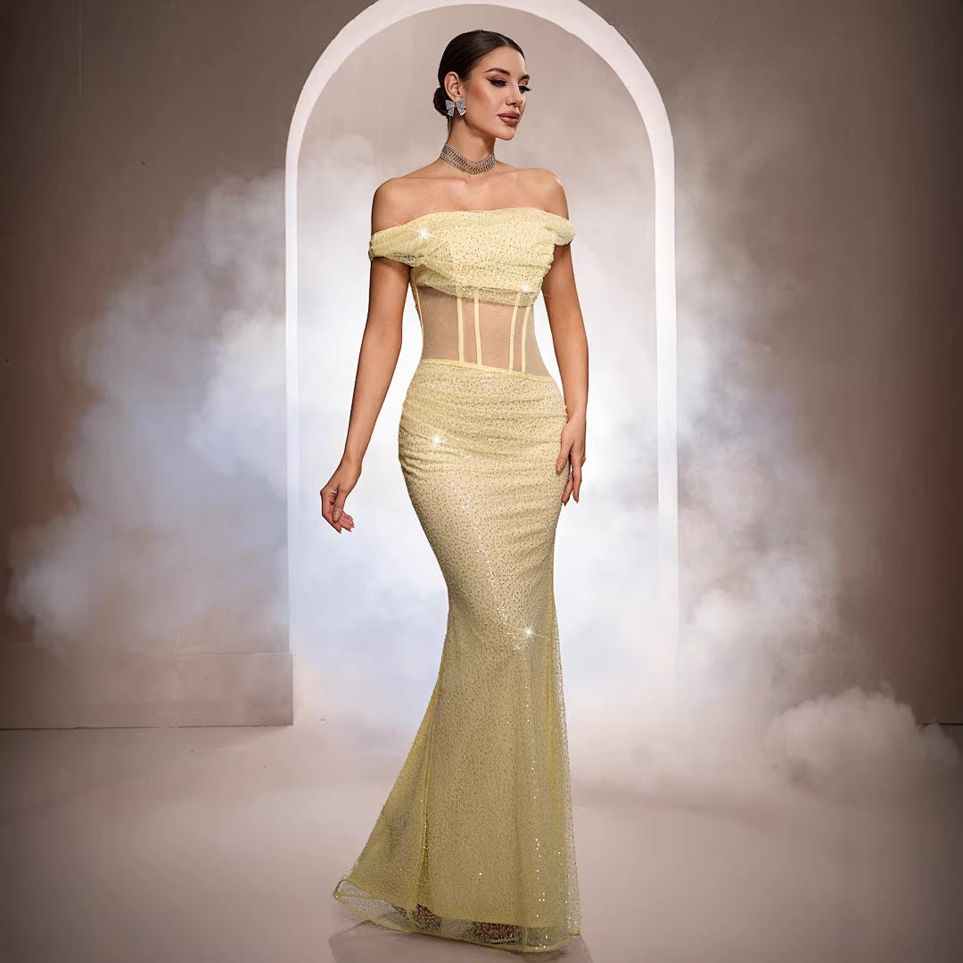 Sequin Off Shoulder Sheer Corset Mermaid Gown