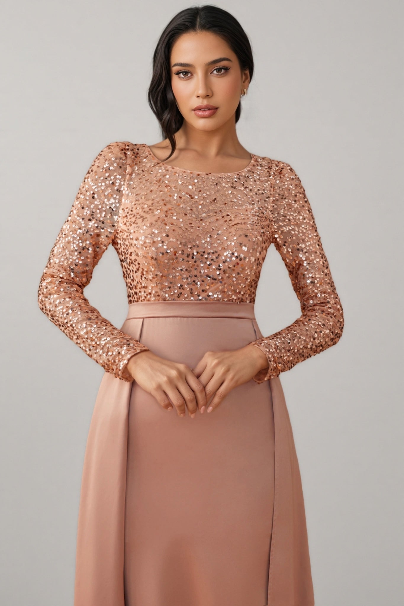 Sequin Long Sleeve Round Neck Satin Maxi Dress