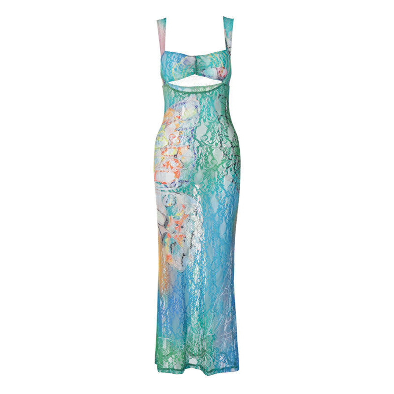Street Hipster Hip Summer Lace Print Sleeveless Backless Dress - View 5
