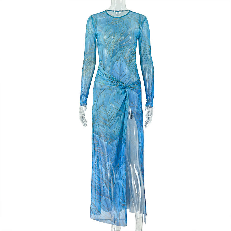 Leaf Print Mesh Long Sleeve Twist Front High Split Maxi Dress 2