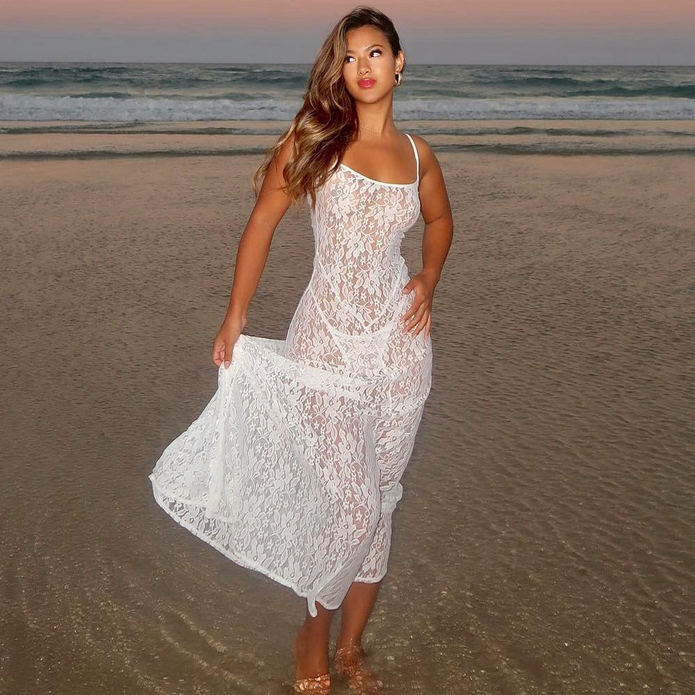Sheer Floral Lace Spaghetti Strap Fitted Maxi Beach Dress 3