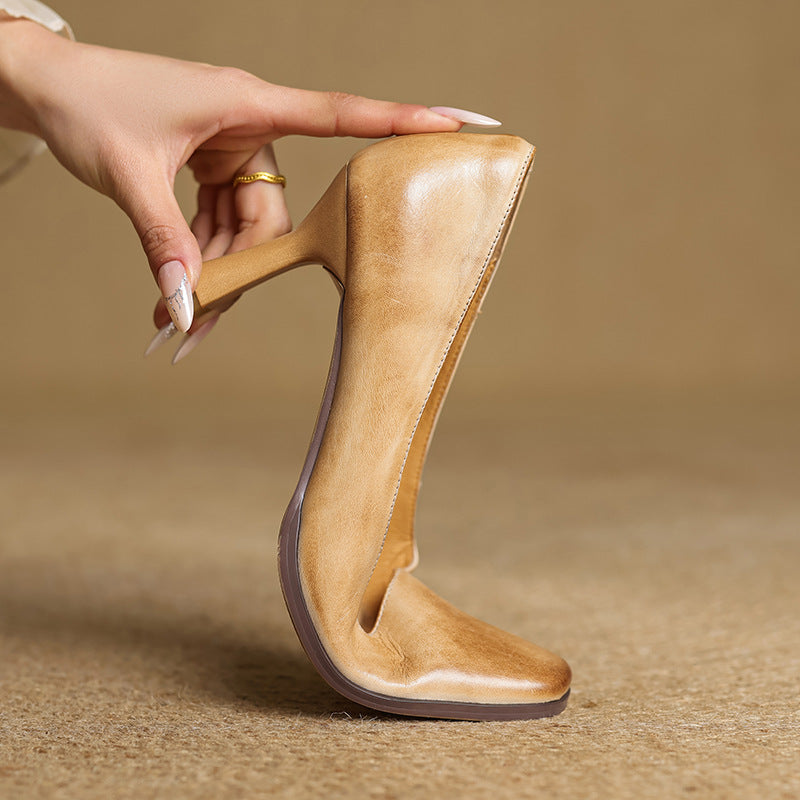 Square Toe Slip On Kitten Heel Leather Pumps