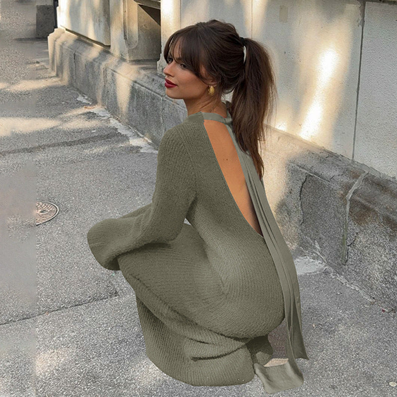 Solid Color Backless Long Sleeves Lace up Slim Fit Dress - View 8