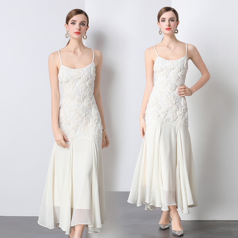 3D Floral Rosette Appliqué Spaghetti Strap Drop Waist Flowy Maxi Gown