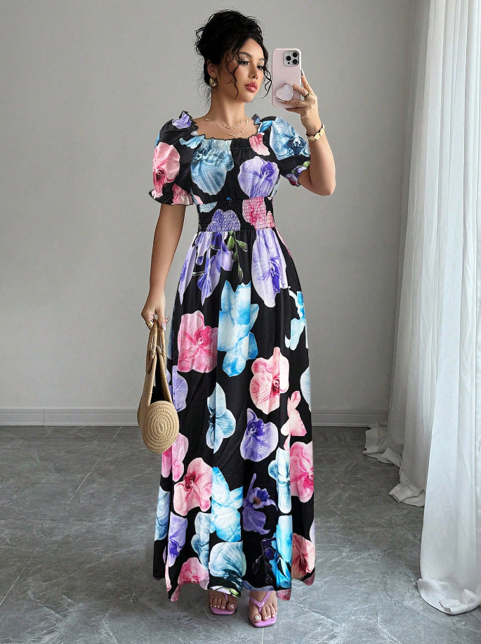 Floral Print Square Neck Puff Sleeve Smocked Waist A-Line Maxi Dress 7