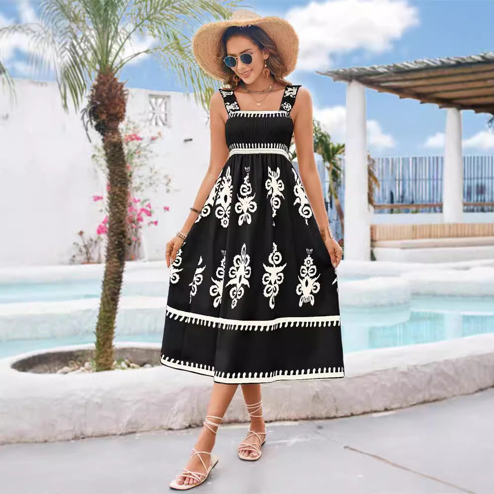 Ornamental Print Square Neck Smocked Bodice Contrast Trim A-Line Midi Dress 4