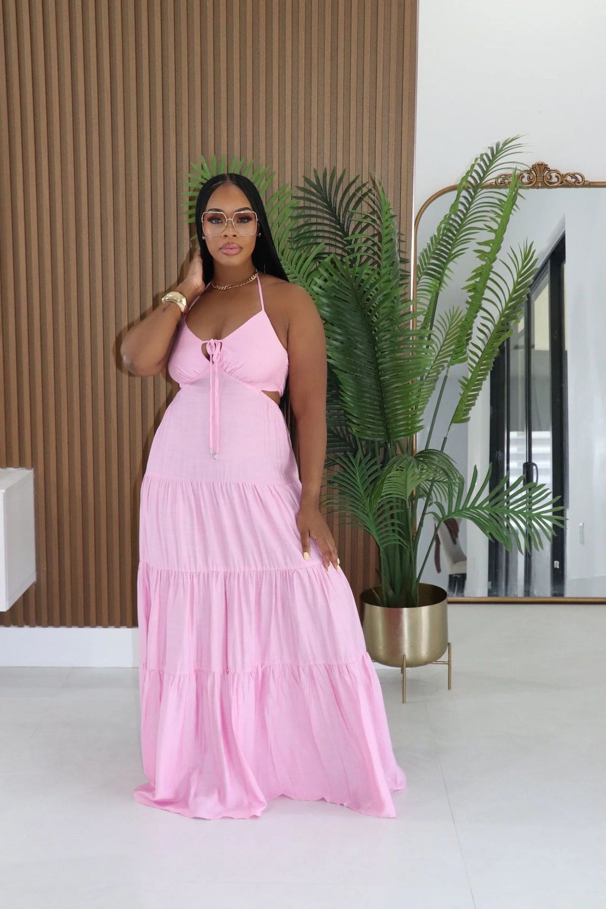 Halter Neck Tie Front Cut Out Backless Tiered Maxi Dress 2
