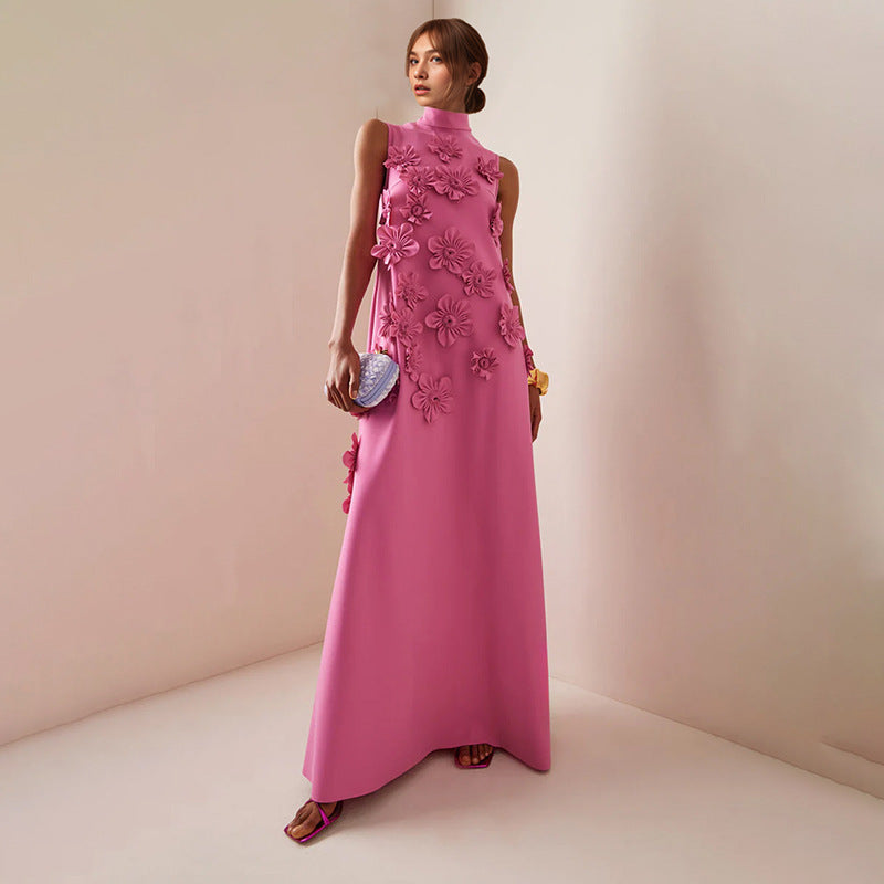 Graceful Elegant Stand Collar Sleeveless Solid Color Dress Three Dimensional Floral Collage Design Maxi Dress