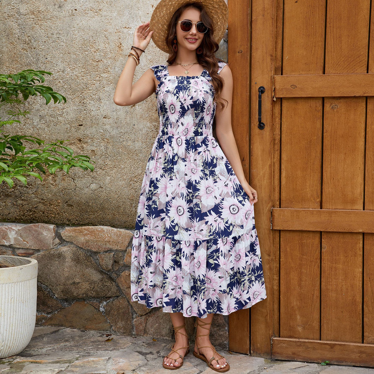 Floral Print Smocked Square Neck Ruffle Strap Tiered Midi Dress
