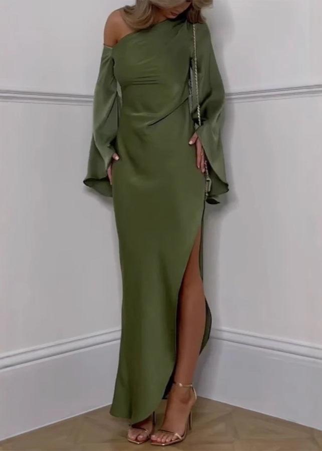 One Shoulder Satin Bell Sleeve High Split Draped Maxi Gown