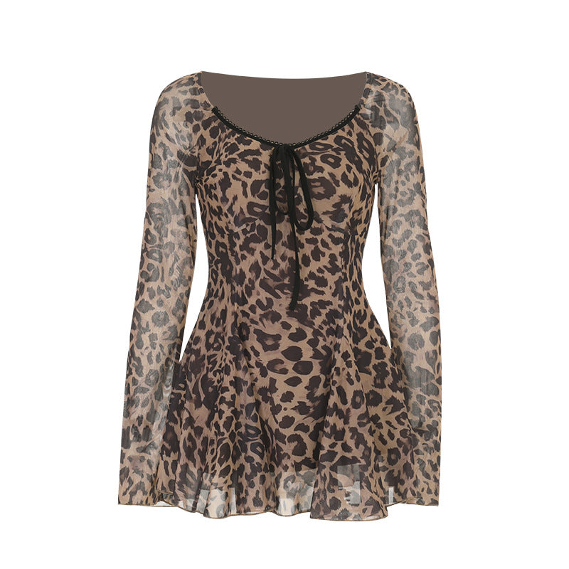 Leopard Print Mesh Off Shoulder Lace Up Flare Sleeve Mini Dress 6