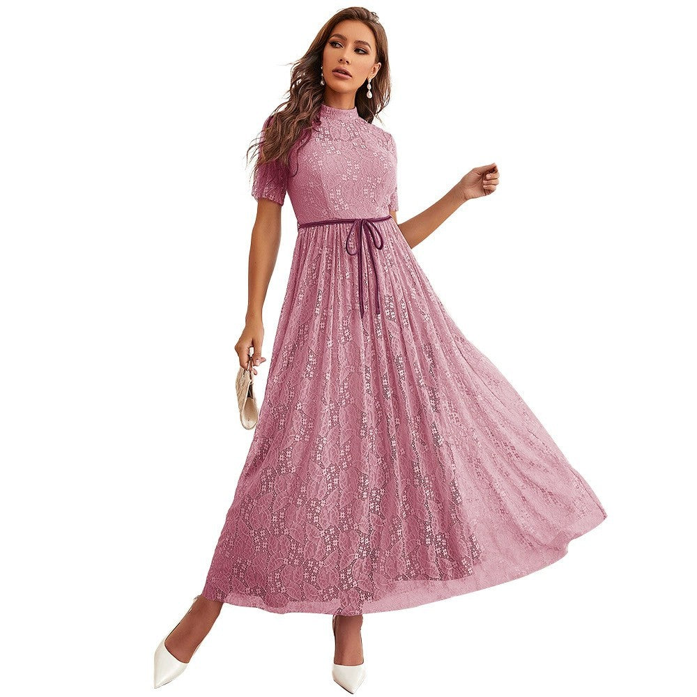 Mock Neck Short Sleeve Lace Belted A-Line Maxi Dress