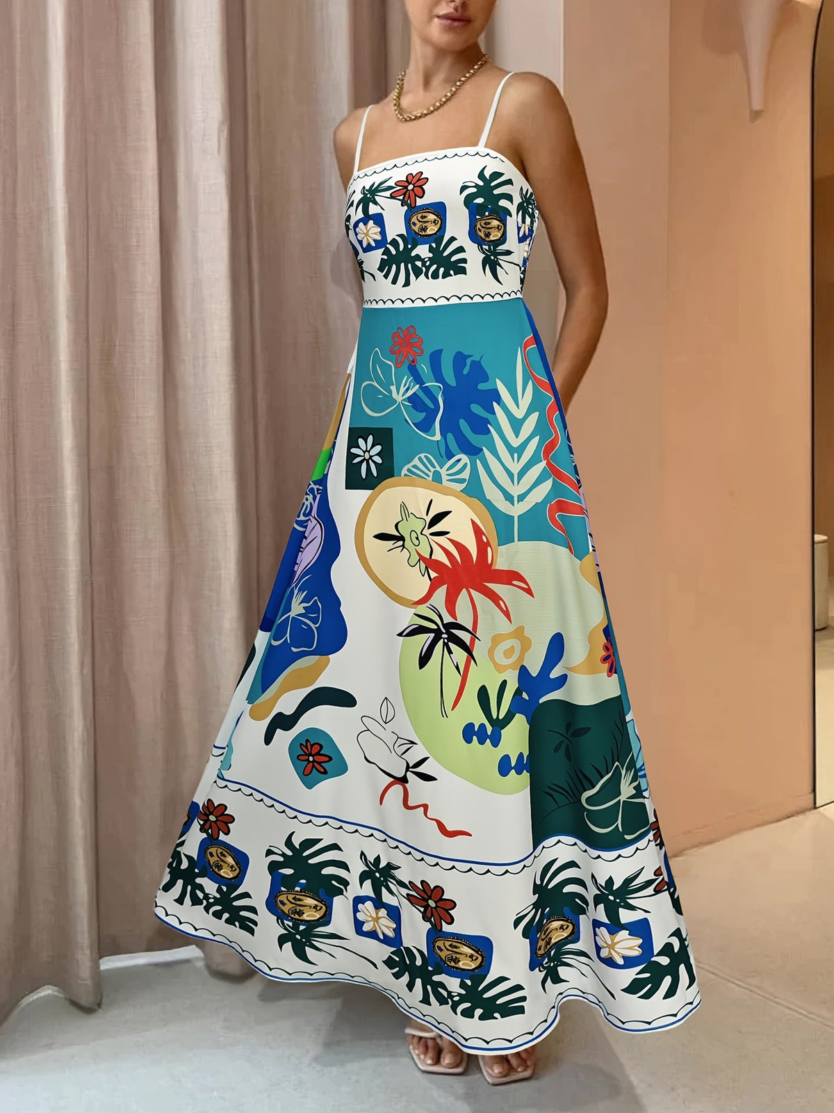Abstract Tropical Print Square Neck Cami A-Line Maxi Dress 3