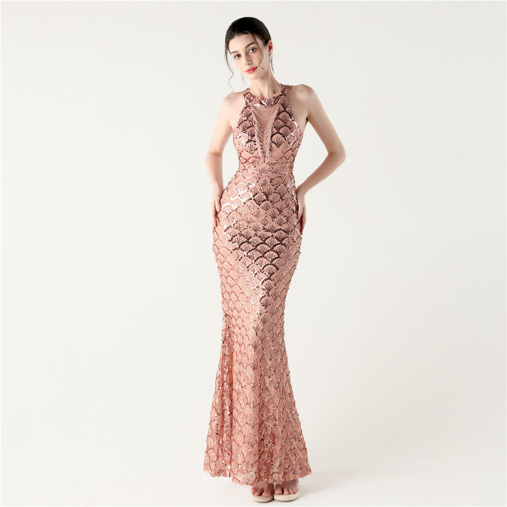 Sequin Halter Neck Backless Mermaid Maxi Evening Gown