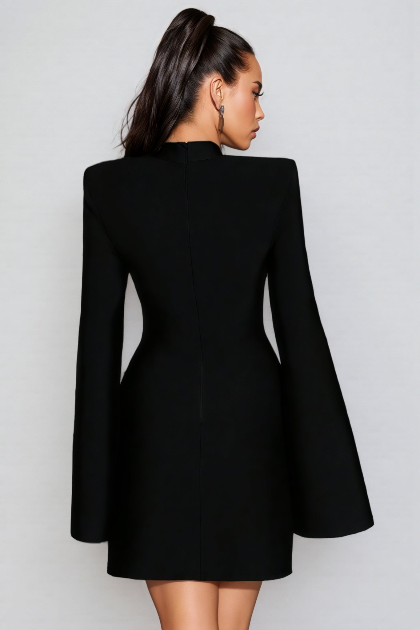 Rhinestone Waist Bandage Mock Neck Structured Shoulder Bell Sleeve Bodycon Mini Dress