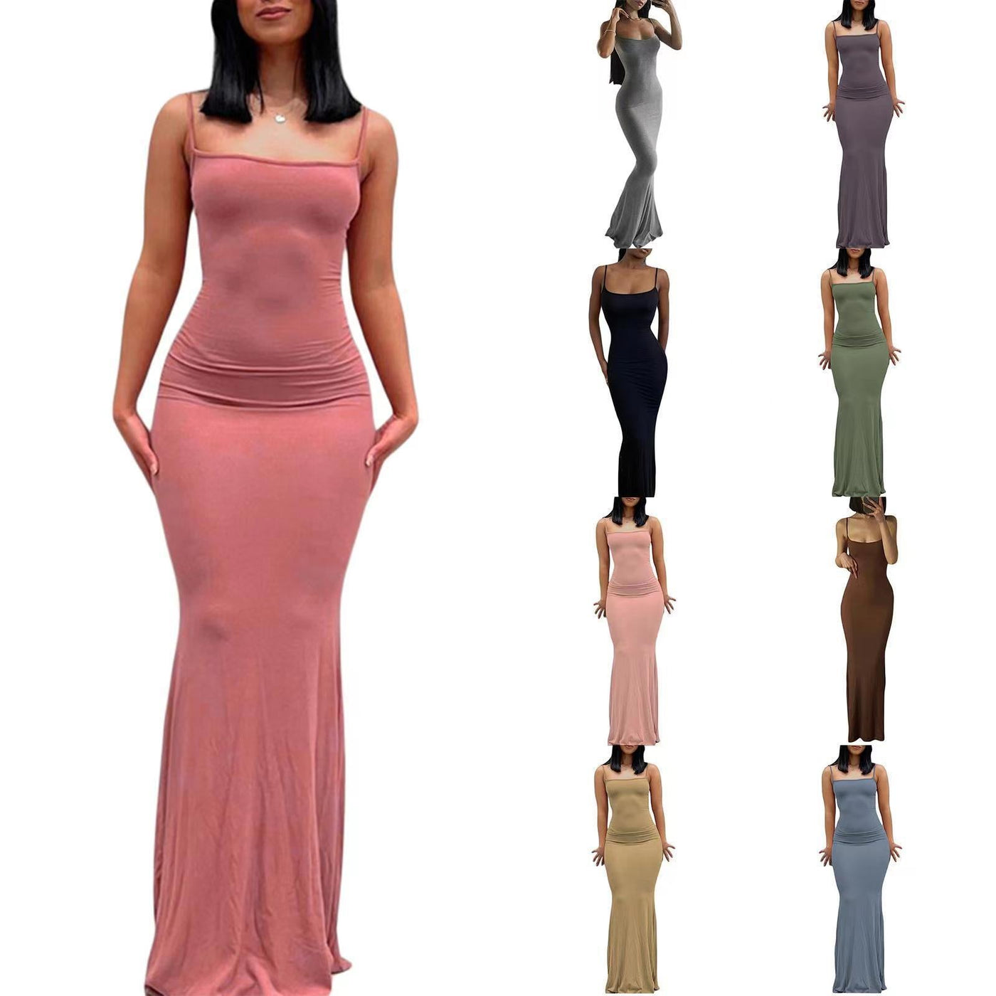 Square Neck Spaghetti Strap Bodycon Mermaid Maxi Dress