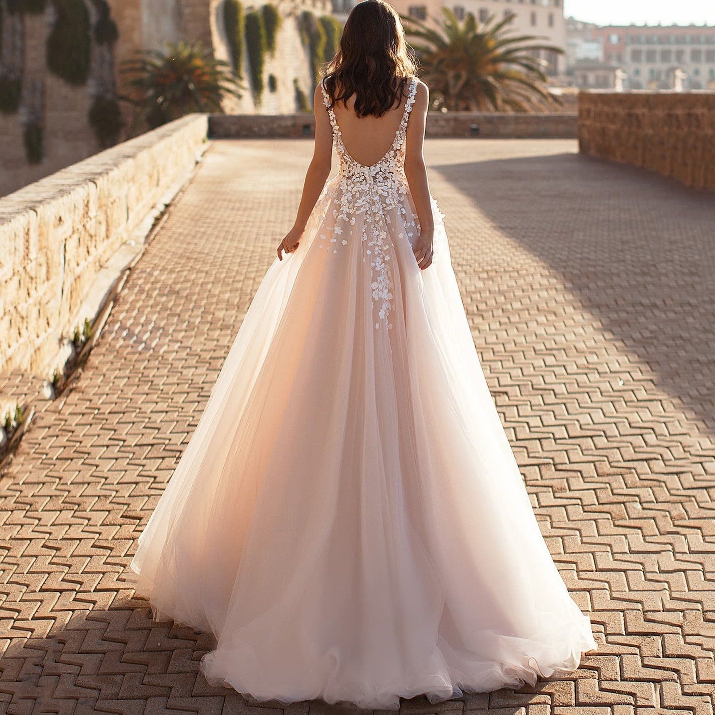 Deep V-Neck 3D Floral Lace Applique Tulle A-Line Maxi Gown