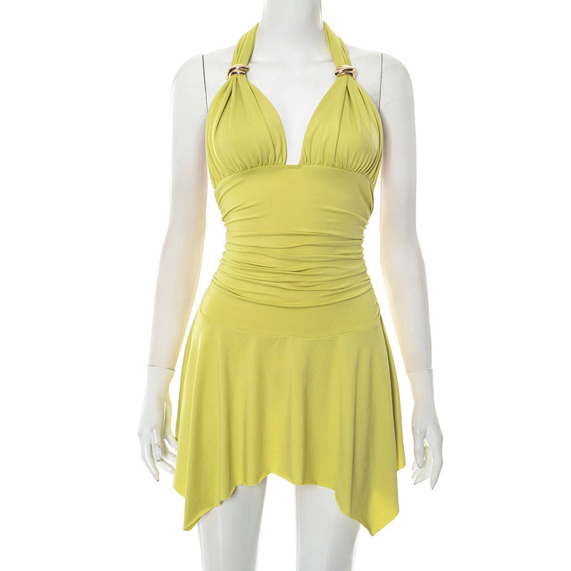Deep V-Neck Halter Ruched Waist Metal Ring Skater Mini Dress 5