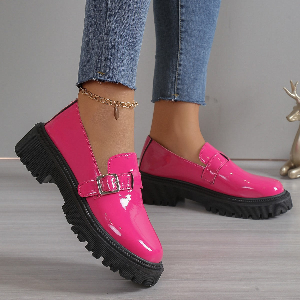 Round toe square heel candy pink leather shoes