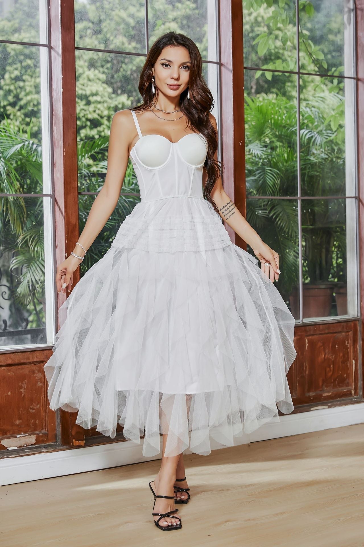 Spaghetti Strap Corset Bustier Tiered Tulle Ruffle Midi Dress