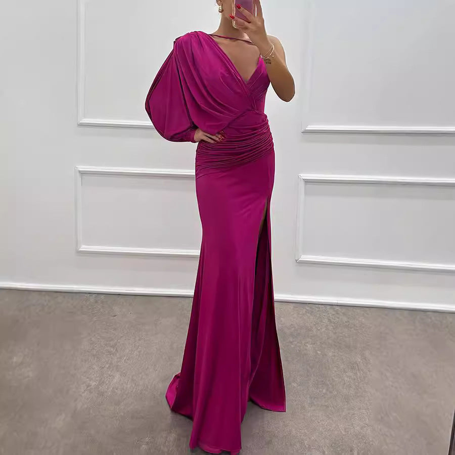 Asymmetric One Sleeve Deep V-Neck Ruched High Split Knit Maxi Gown