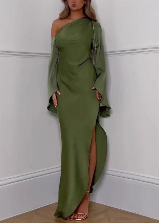 One Shoulder Satin Bell Sleeve High Split Draped Maxi Gown
