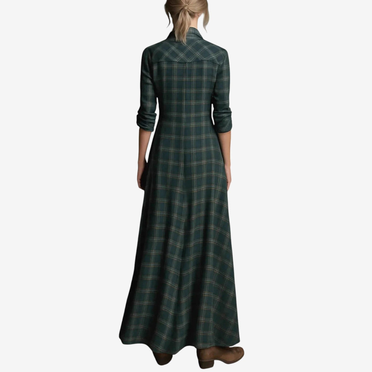 Plaid Collared Button Front Long Sleeve Maxi Shirt Dress