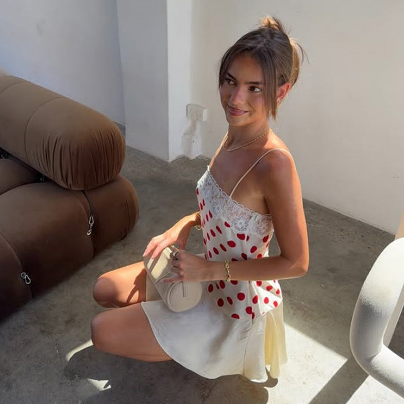 Polka Dot Lace Trim Cami Satin Slip Mini Dress
