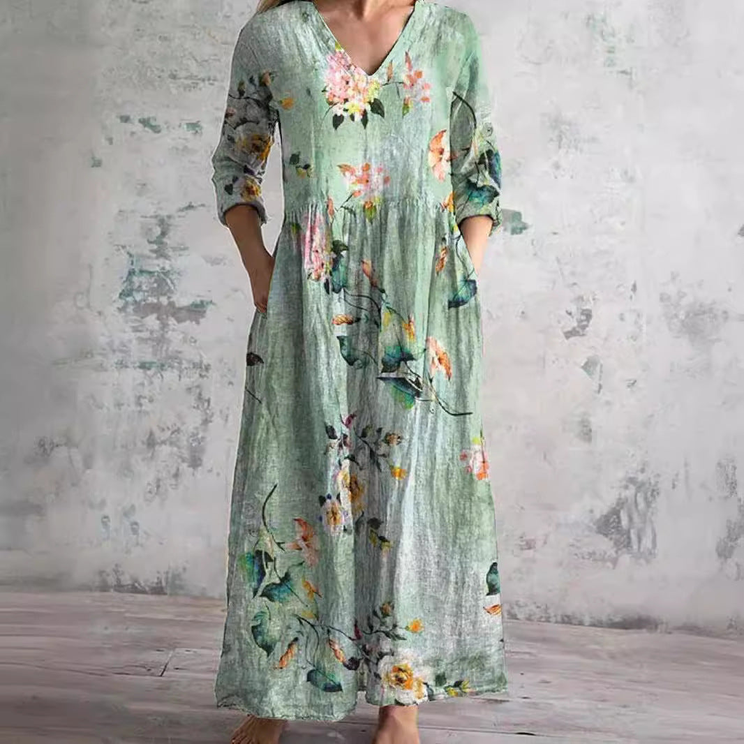 Floral Print V-Neck Long Sleeve Tiered Maxi Dress 4