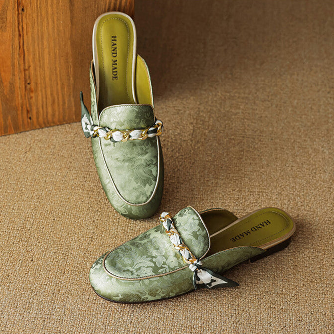 Floral Jacquard Chain Detail Pointed Toe Flat Mules