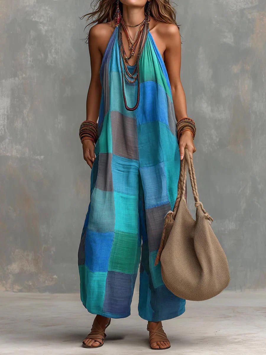 Colorblock Patchwork Halter Neck Wide Leg Jumpsuit