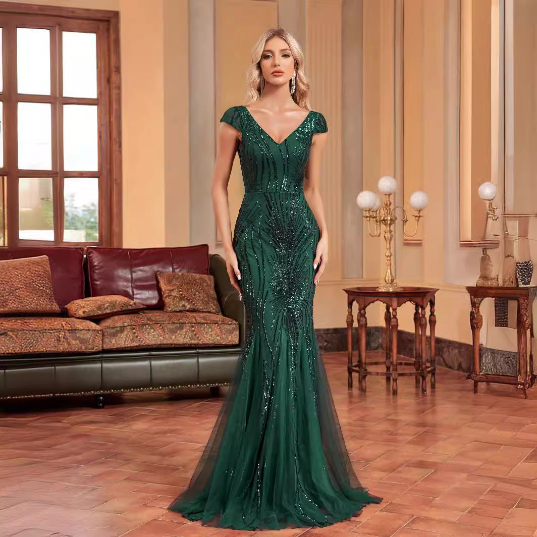 Green Beaded Dress Long Slim Fishtail Bridesmaid Cocktail Evening Dress for Women
