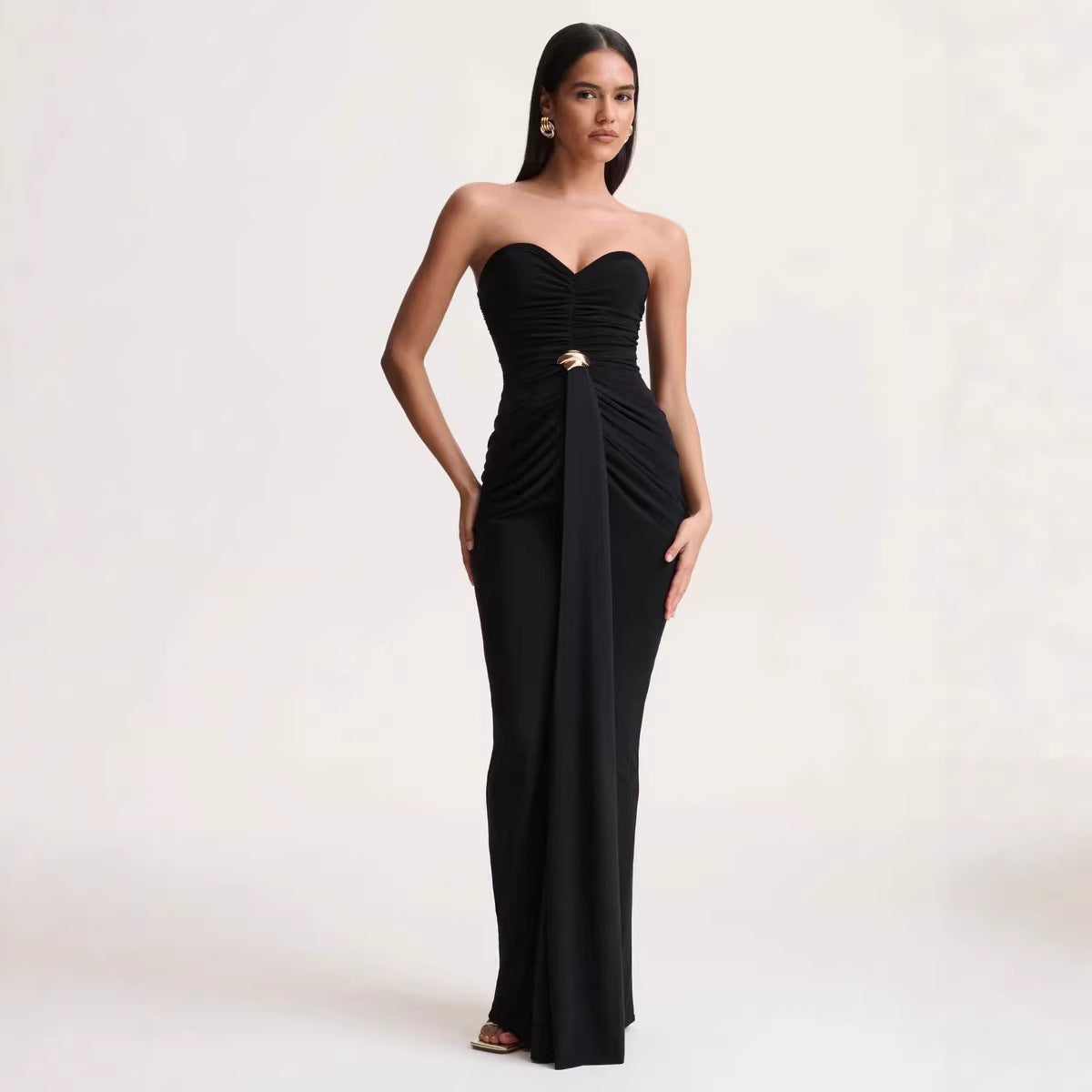 Strapless Sweetheart Ruched Draped Front Maxi Gown with Gold Hardware 3