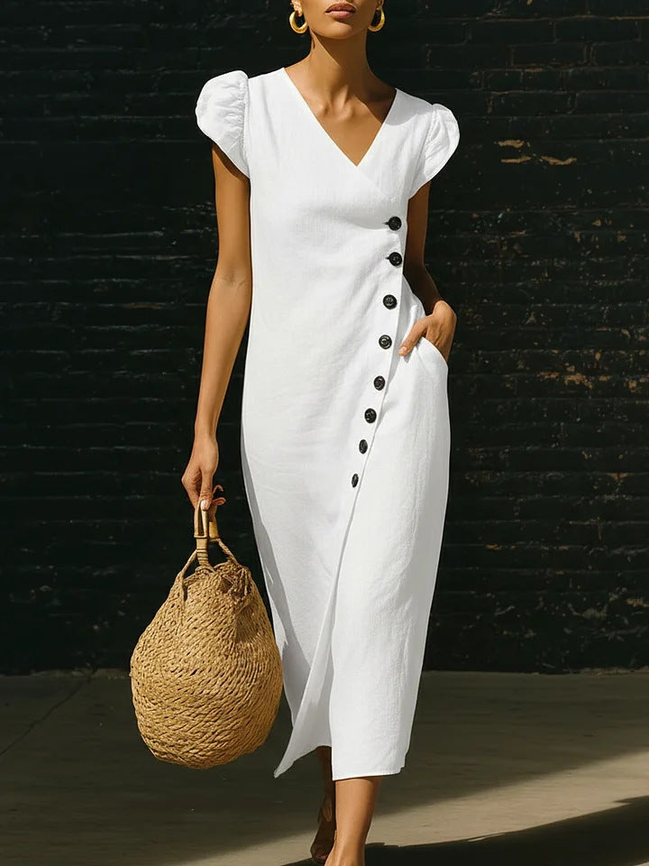 V-Neck Cap Sleeve Side Button Linen Midi Dress 9