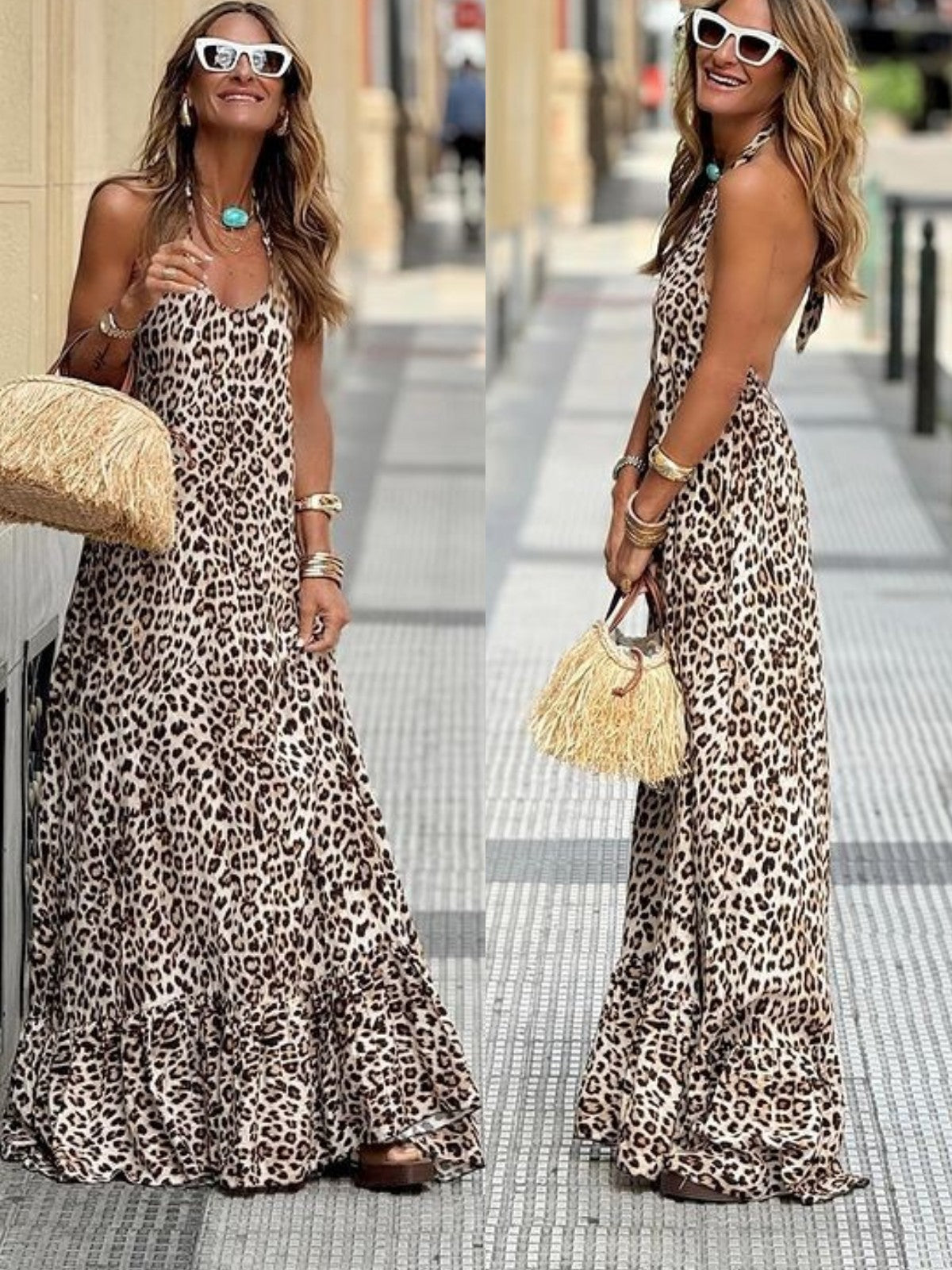 Leopard Print Spaghetti Strap Deep V-Neck Tiered Ruffle Hem Maxi Dress