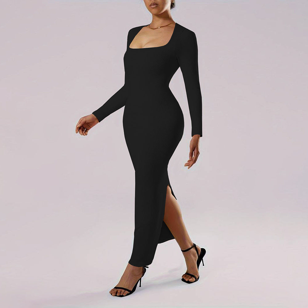 Square Neck Long Sleeve Ribbed Bodycon Mermaid Maxi Dress 3